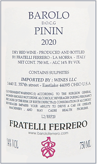 Barolo Pinin, 2020 By Ferrero in La Morra label
