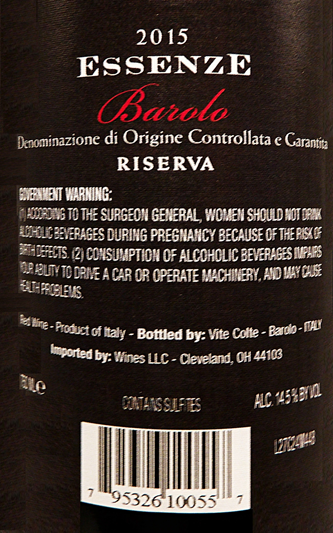 Barolo Riserva 2015 Essenze by Vite Colte label