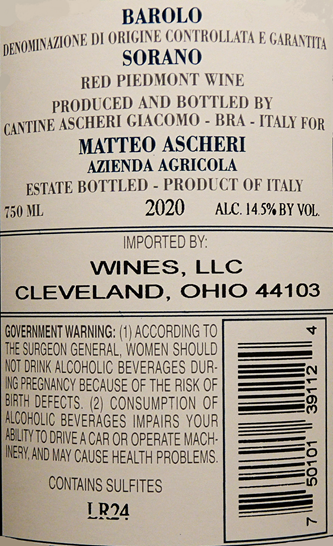 Barolo Sorano 2020 DOCG Ascheri, Piemonte, Italy label