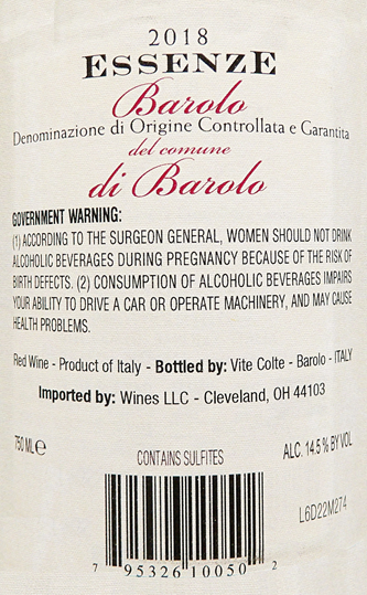 Barolo di Barolo Essenze, 2018 by Vite Colte label