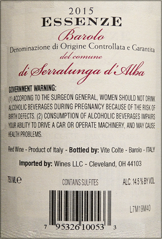 Barolo di Serralunga, 2015 Essenze by Vite Colte, 93 Pts JS label
