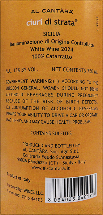 Bianco 2024 Ciuri di Strada Terre Siciliane by Al Cantara on Mt Etna label