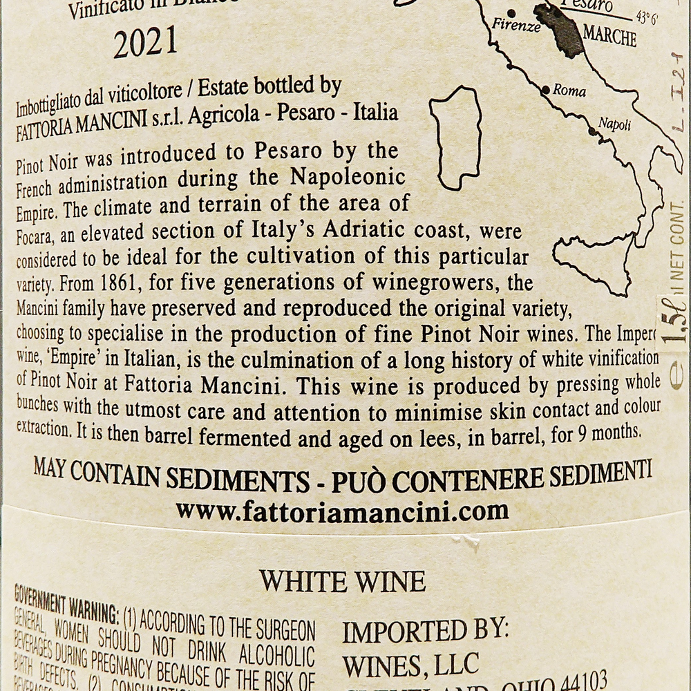 Blanc de Pinot Noir, Impero, 2021, Magnum by Mancini in Le Marche label