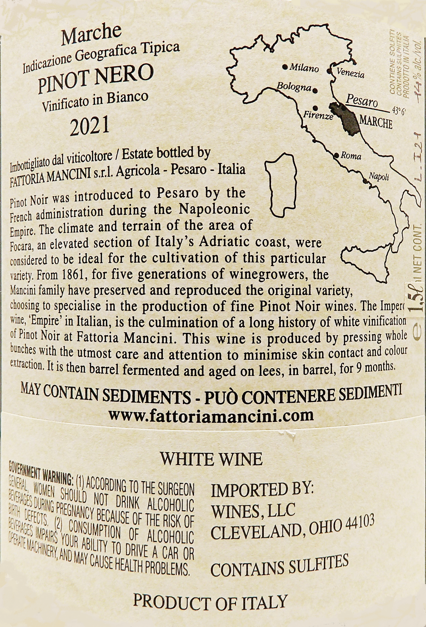 Blanc de Pinot Noir, Impero, 2021, Magnum by Mancini in Le Marche label