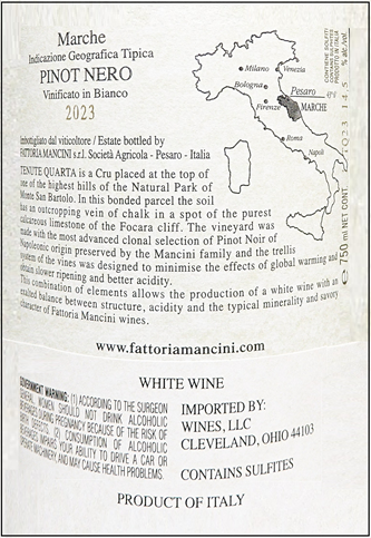 Blanc de Pinot Noir, Quarta, 2023, By Mancini in Le Marche label