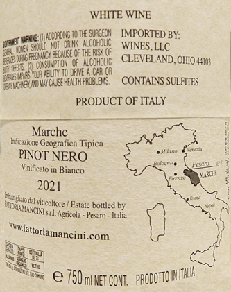 Blanc de Pinot Noir, Quarta, 2021, By Mancini in Le Marche label