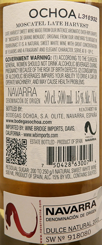 Bodegas Ochoa Moscatel Vendimia Tardia, Navarra, Spain 2021 500ml lable