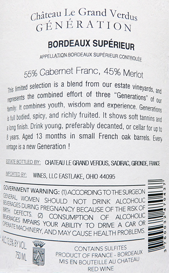 Bordeaux Superieur Generation, 2018 by Château Le Grand Verdus label