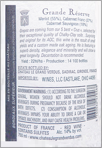 Bordeaux Superieur Grande Reserve, 2018 by Château Le Grand Verdus label