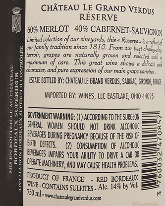 Bordeaux Superior Reserve, Rouge, 2020 by Chateau Le Grande Verdus label