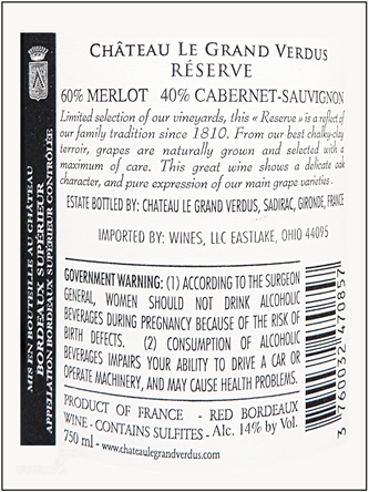 Bordeaux Superior Reserve, Rouge, 2020 by Chateau Le Grande Verdus label