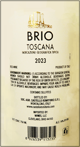 Brio Toscano Rosso, 2023, Castello Romitorio label