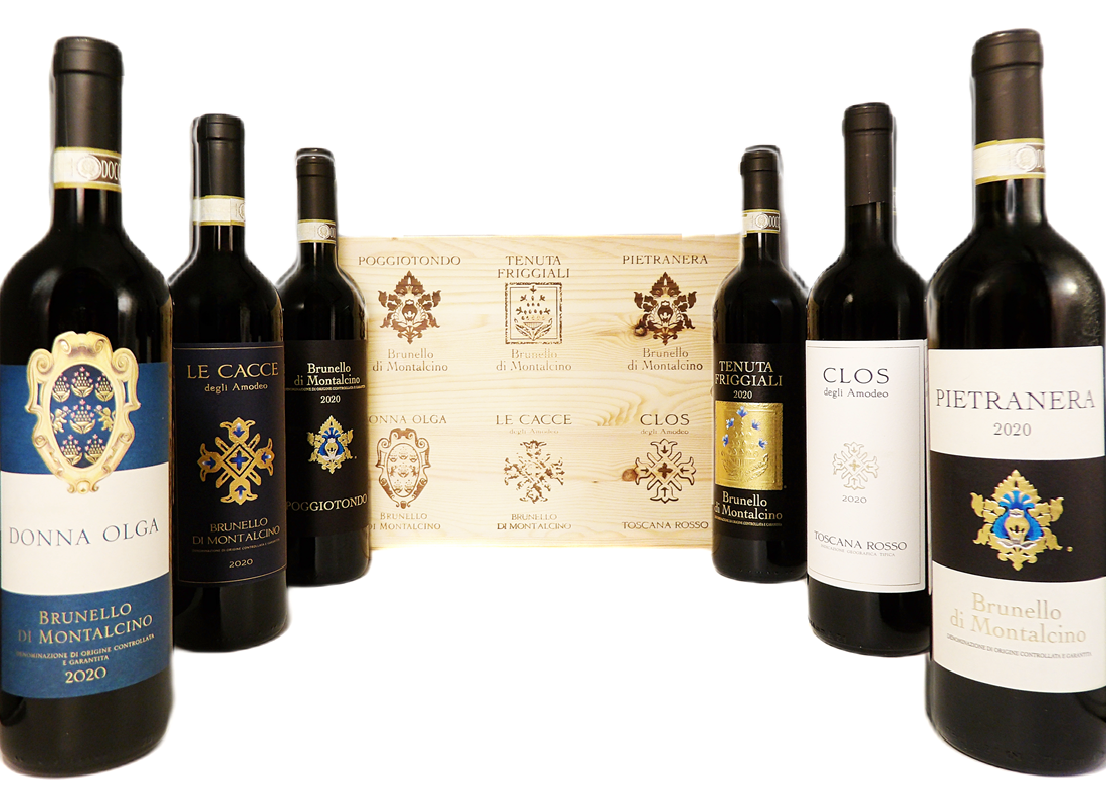 Brunello di Montalcino 5 Bottles and 1 Super Tuscan, 2020 in Wooden Box by Donna Olga Peluso