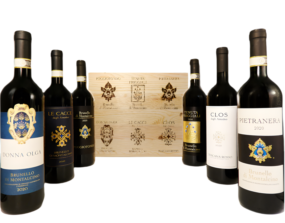 Brunello di Montalcino 5 Bottles and 1 Super Tuscan, 2020 in Wooden Box by Donna Olga Peluso