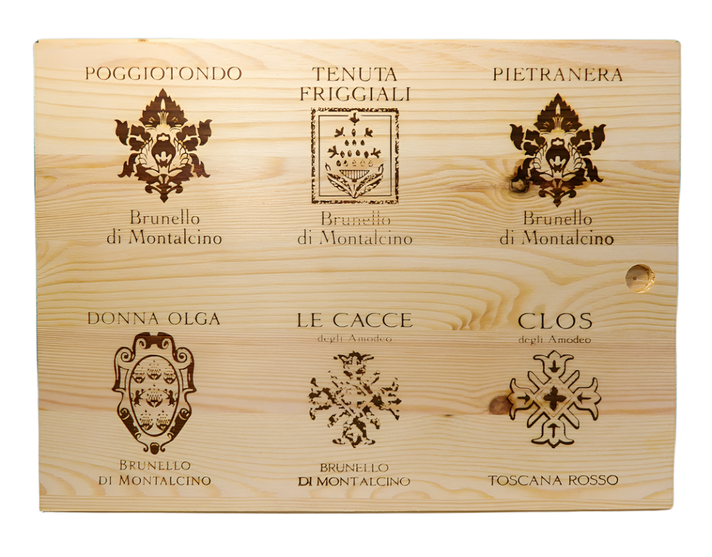 Brunello di Montalcino 5 Bottles and 1 Super Tuscan, 2020 in Wooden Box by Donna Olga Peluso lid art