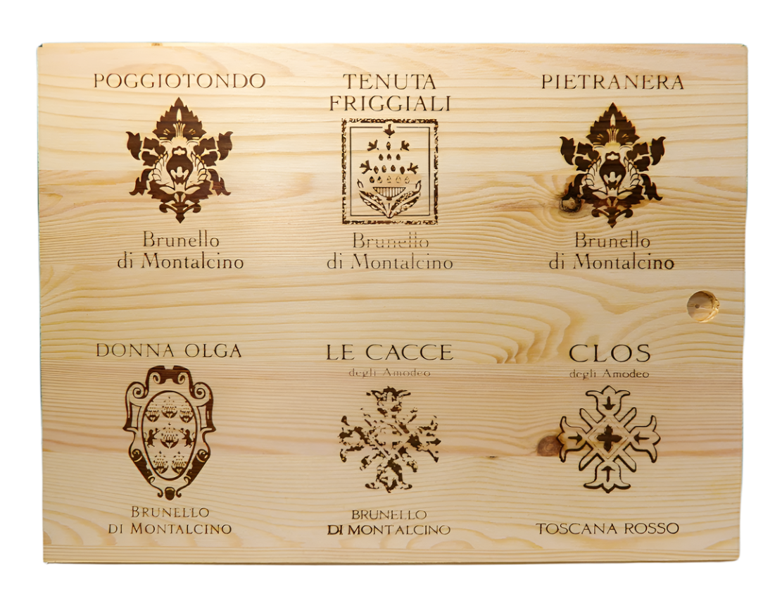 Brunello di Montalcino 5 Bottles and 1 Super Tuscan, 2020 in Wooden Box by Donna Olga Peluso lid art