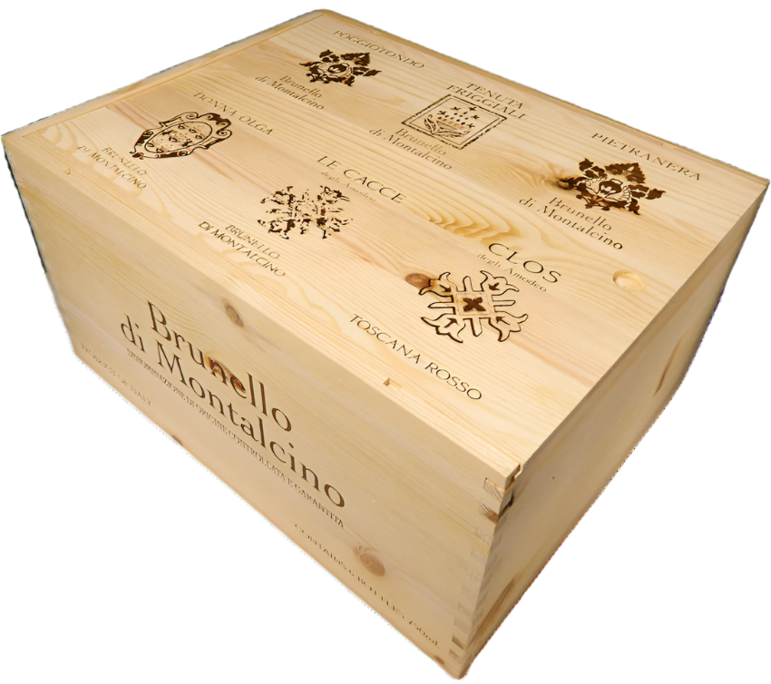 Brunello di Montalcino 5 Bottles and 1 Super Tuscan, 2020 in Wooden Box by Donna Olga Peluso box