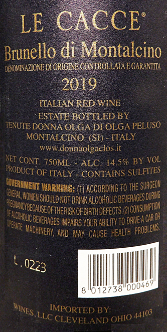 Brunello di Montalcino, 2019 Le Cacce, Tuscany, Italy label