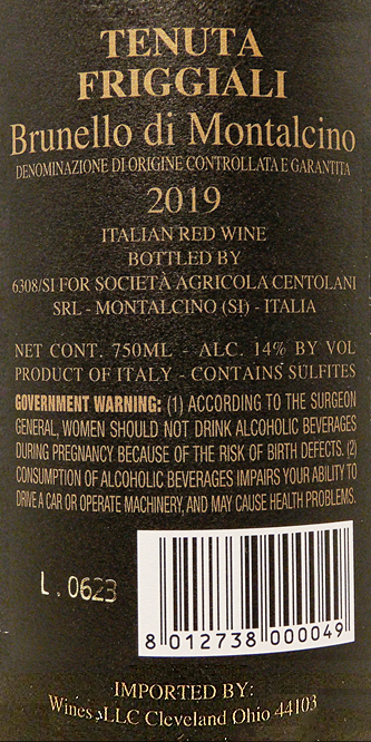 Brunello di Montalcino 2019 by Tenuta Friggiali, Tuscany, Italy label
