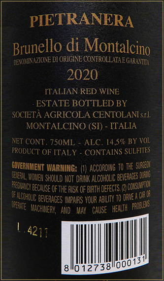 Brunello di Montalcino 2020, Pietranera, Tuscany, Italy