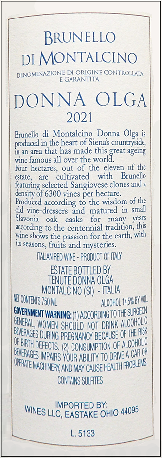 Brunello di Montalcino, Donna Olga 2021, Tuscany, Italy label