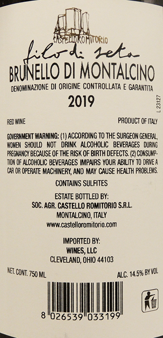 Brunello di Montalcino Filo di Seta, 2019 by Castello Romitorio , Tuscany, Italy label