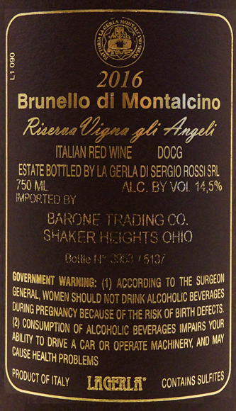 Brunello di Montalcino, 2016 Riserva gli Angeli La Gerla label