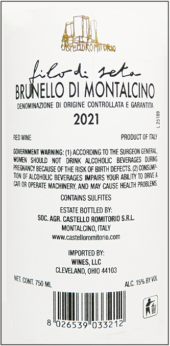 Brunello di Montalcino, 2021 Filo di Seta, Castello Romitorio label