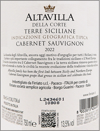 Cabernet Sauvignon, 2022 Altavilla Della Corte by Firriato in Sicily label
