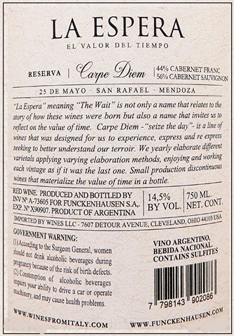 Cabernet Sauvignon, Franc, Reserva Carpe Diem, 2024 by La Espera Mendoza Argentina label