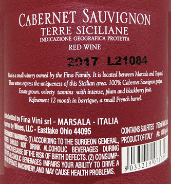 Cabernet Sauvignon, 2017 by Cantine Fina in Sicily  label