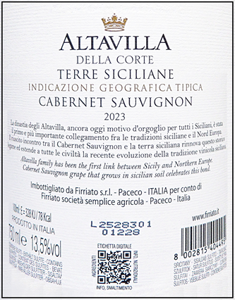 Cabernet Sauvignon, 2023 Altavilla Della Corte by Firriato in Sicily label