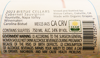 Cabernet Sauvignon, 2023, Napa Valley, Yountville, Bistue Cellars Winery label