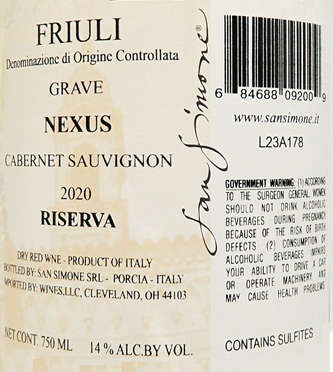 Cabernet Sauvignon "Nexus" 2020 DOC San Simone label
