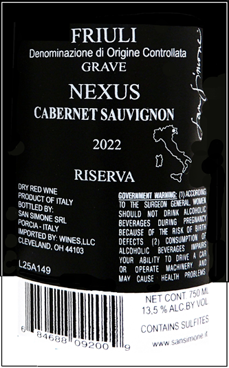 Cabernet Sauvignon Riserva "Nexus" 2022 DOC San Simone label