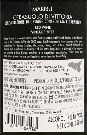 Cerasuolo di Vittoria DOCG , 2023, Maribu BY Navarra in Sicily label