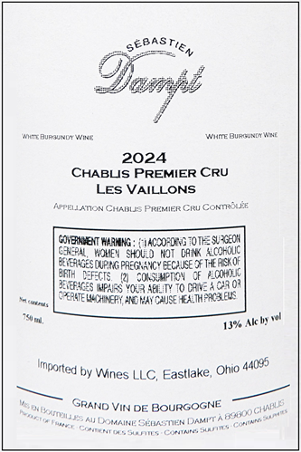 Chablis 1st Cru, Les Vaillons 2024 By Sebastien Dampt label