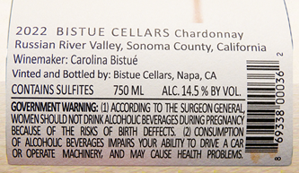 Chardonnay, 2022, Russian River Valley, Bistue Cellars Winery label