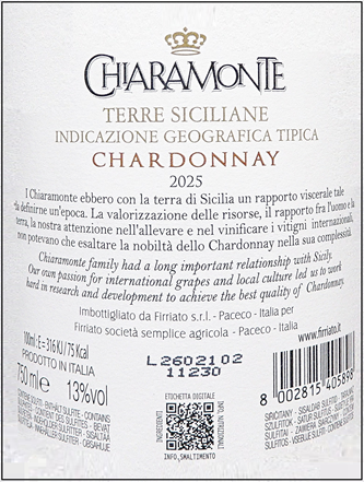 Chardonnay Chiaramonte DOC 2025 by Firriato Sicily label