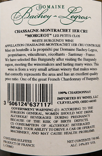Chassagne Montrachet, Blanc 2022, 1st Cru Morgeot, Les Petits Clos, Vieilles Vignes by Bachey Legros, Burgundy, France lable