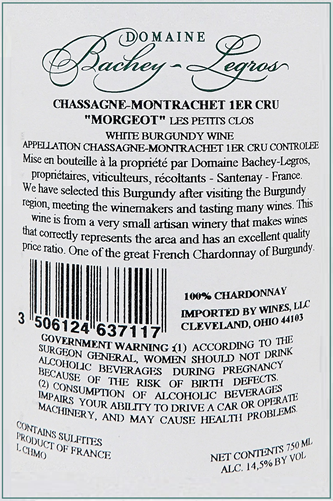 Chassagne Montrachet, Blanc 2023, 1st Cru Morgeot, Les Petits Clos, Vieilles Vignes by Bachey Legros, Burgundy, France label