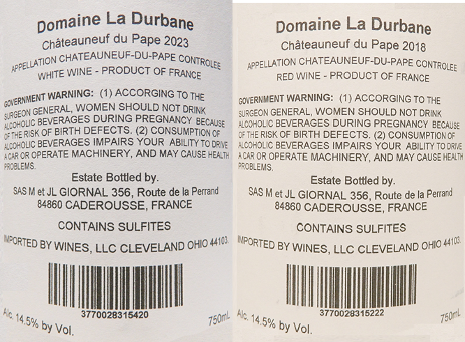 Chateauneuf Du Pape, Rouge & Blanc by Domaine Durbane labels