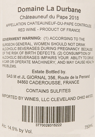 Chateauneuf du Pape, 2018 by Domaine La Durbane label