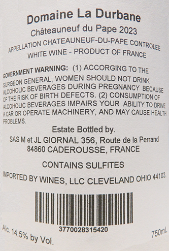 Chateauneuf du Pape, 2023 Blanc  by Domaine La Durbane label