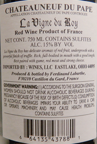 Chateauneuf du pape, 2019 by La Vigne du Roy lable