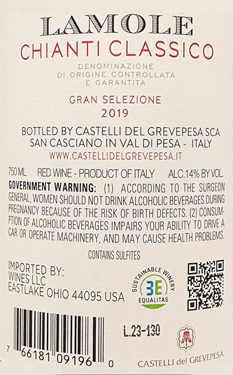 Chianti Classico Gran Selezione Lamole, 2019 by Castelli del Grevepesa, 93 Pts JS label