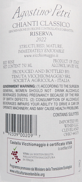 Chianti Classico Riserva, 2022 Agostino Petri by Vicchiomaggio in Tuscany label
