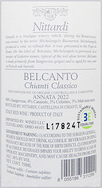 Chianti Classico, 2022 Belcanto by Nittardi, 92 Pts JS label