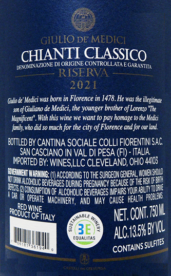 Chianti Classico Riserva , Giulio de Medici, 2022, Tuscany, Italy label