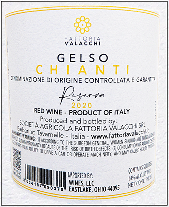 
                      
                        Chianti Gelso Riserva , 2020 DOCG By Fattoria Valacchi in Tuscany label
                      
                    
